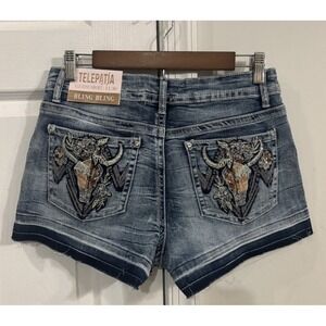 Telepatia Cutoff Jean Shorts Embroidered Bling Women's Sz 11 Raw Hem NWT